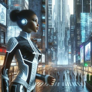 A woman dressed in a high-tech outfit walking through a bustling...