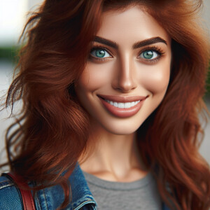 An attractive individual with auburn hair, captivating cerulean...