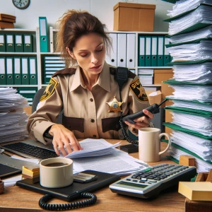 A diligent deputy sheriff focused on paperwork at their desk, wi...