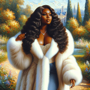 Craft a 4K glossy oil painting portraying a regal, plus-size Afr...