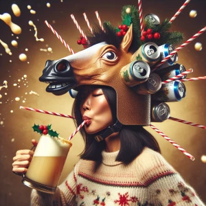 A person wearing a festive beer helmet with eggnog instead of be...