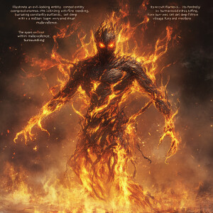 "Illustrate an evil-looking entity composed entirely of flames....