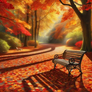 Create an image of a serene autumn park featuring an old wooden...