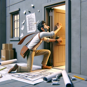 Create a stop-motion video featuring a male architect struggling...