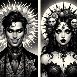 Picture of 1 man dan 1 woman, The man represents the Sun that bright but mindmaker and evil smirk, The woman represents the moon that calm but psychotic, elegant gothic clothes, dangerous duo