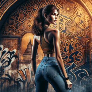 Athletic Thin skinny Attractive, Asian teenage girl, long brown hair and bangs, wearing tight skinny jeans and a halter top paint marks on her clothing, heroic pose Asian graffiti background, backside view