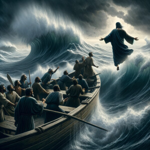 African-American Jesus telling Peter to come walk on the water,...