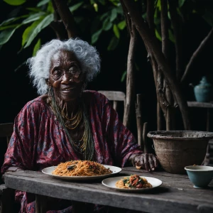 An elderly woman in traditional Caribbean attire enjoying a plat...