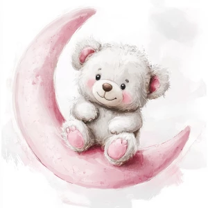 A cute, cartoon teddybear sits on a stylized, rosy-pink crescent moon. The teaddy bear is light gray with large, round, pink-spotted ears.  Its body is round and he has expressive eyes.  its facial expression is happy and friendly. The teddy bears legs and feet are visible, and its posture is relaxed, sitting. The moon is a soft, shaded pink, with watercolor-like texture and subtle shading. The background is white. The image is in a child-friendly style, showcasing delicate line work and color palettes. The composition is centered on the elephant, which is positioned on the moon. The overall style is sweet, whimsical, and reminiscent of children's book illustrations.  The colors are pastel and soothing, creating a gentle atmosphere.