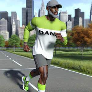 Create a vivid 3D image of a stylish African American man joggin...