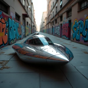 A dazzlingly futuristic dimensional dinghy floats in an abandone...