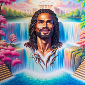 A hyper-realistic 3-Dh oil painting colorful waterfall out of th...