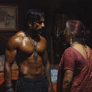 Hyperrealism painting,A sweaty beefy muscular indian man standin...
