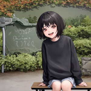A short girl with dark hair is sitting on a bench, wearing a swe...