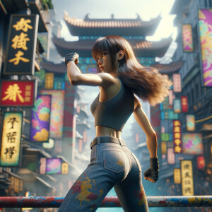 Athletic Thin skinny Attractive, Asian teenage girl, long brown hair and bangs, wearing tight skinny jeans and a halter top paint marks on her clothing, heroic pose Asian graffiti background, backside view