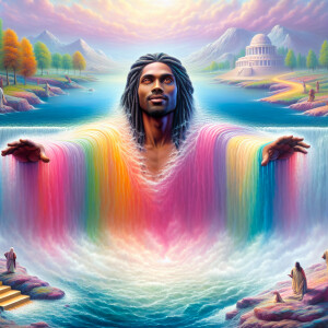 A hyper-realistic 3-Dh oil painting colorful waterfall out of th...