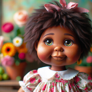 African-American cabbage patch doll with huge dimples, and freckles and flowers in the background