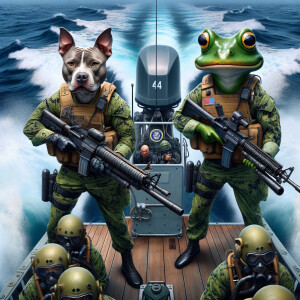 There are two US Navy sailors in battle gear, the navy sailors are a pitbull and Pepe, they are standing in two different directions. They are shooting 50 caliber, machine guns. They are in their Navy seal boat. The boat is making waves. There are also divers on the boat getting ready to dive in the water .