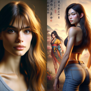 Athletic Thin skinny Attractive, Asian teenage girl, long brown hair and bangs, wearing tight skinny jeans and a halter top paint marks on her clothing, heroic pose Asian graffiti background, backside view