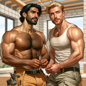 Two muscle rugged gay men working in constructionon the construc...