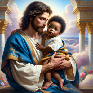Classical oil painting style depicting an African-American Jesus...