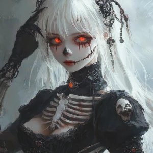 witch, cyber, fantasy , anime, red eyes, and have bones in costu...