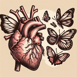 Heart and lung morphing into butterflies in an old school tattoo...