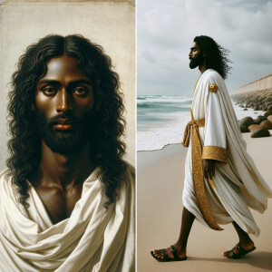 Create an image that combines two depictions of Jesus as an Afri...