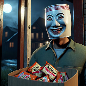 A man wearing a upside down milk jug as a holloween mask his han...