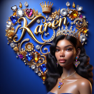 Craft a 3-D image showcasing the name 'KAREN' in a luxurious gol...