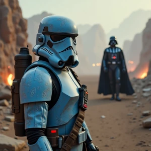 A rebel stormtrooper, distinctly wearing **blue paisley print ar...