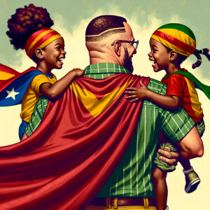 A Puertorican father, with a receding hairline, is holding the h...