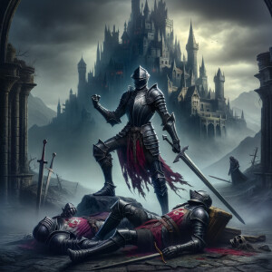 Black knight in front of undead castle in a victory pose with de...