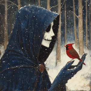 portrait side view of Grim Reaper wearing a blue velvet  hooded...