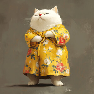 A plump cream-colored cat standing upright on two legs, wearing...