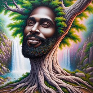 A hyper-realistic 3-D oil painting depicting a tree integrated w...