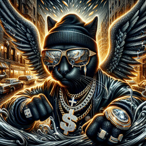 A menacing black cat, with wings,  shades and hip-hop clothing a...