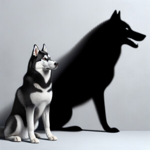 Hyper realistic image of a black and white husky sitting near a...