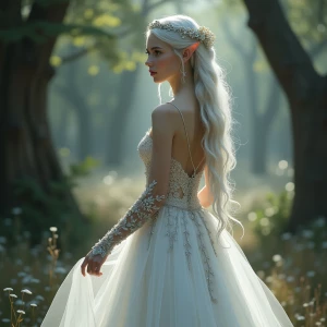 Design an image of a mystical female elf bride, adorned in an el...