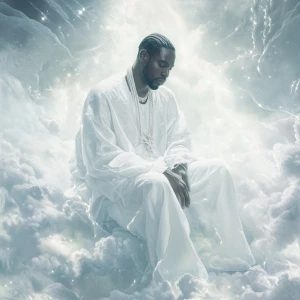 Rapper DMX depicted as a serene figure surrounded by ethereal li...