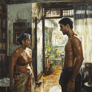 Realistic painting 1:1,A muscular sweaty man talking to his 54 y...