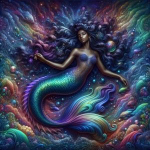 beautiful mermaid dark brown skin , brown skin long wavy hair,...