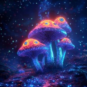 Create an image of a group of bioluminescent mushrooms with real...