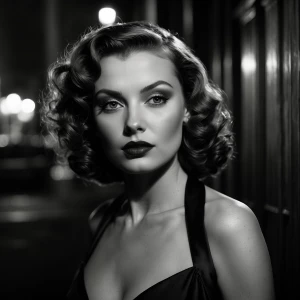 Ultra-realistic cinematic close-up of a femme fatale — a breatht...