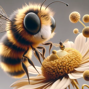 Create a beautiful, cute, fuzzy bee, with fuzzy black, dark gold...