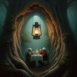 Two elderly ladies sitting at a table in the hollow of a giant t...