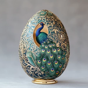 Create an image of an exquisitely crafted Faberge egg, featuring...