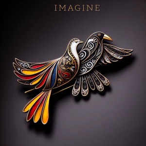 Brooch of dove and raven, color red yellow and black,  unique,
