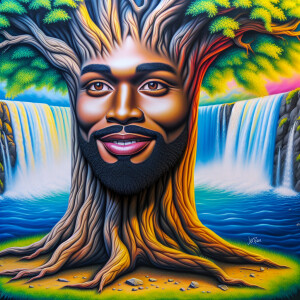 A hyper-realistic 3-D oil painting depicting a tree integrated w...