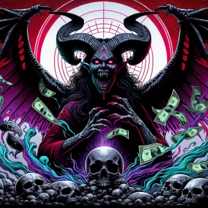 Create an illustration of a commanding demoness with prominent,...